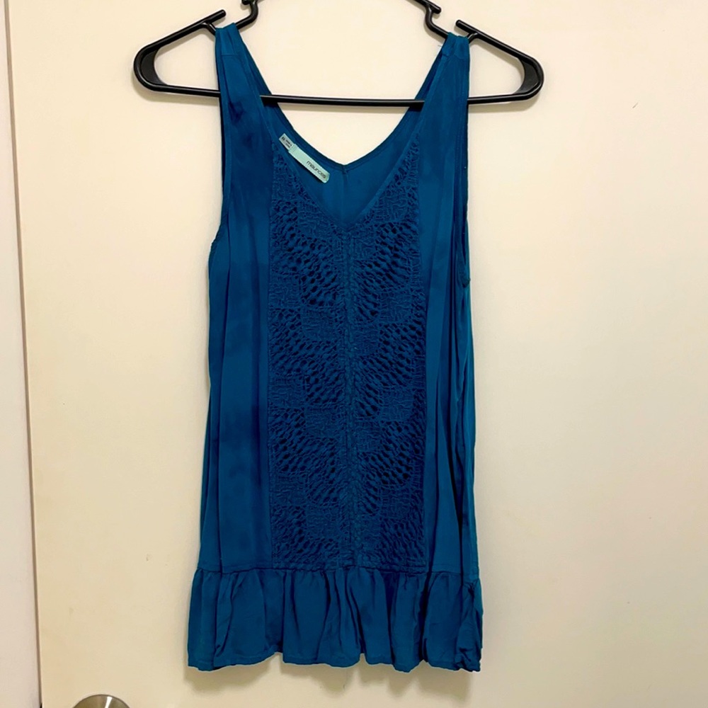 Blue tank with crochet lace panel.